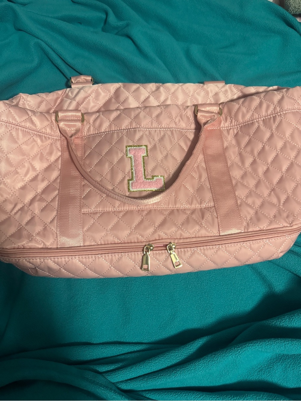 Personalized Quilted Pink Weekender Bag with Initial L